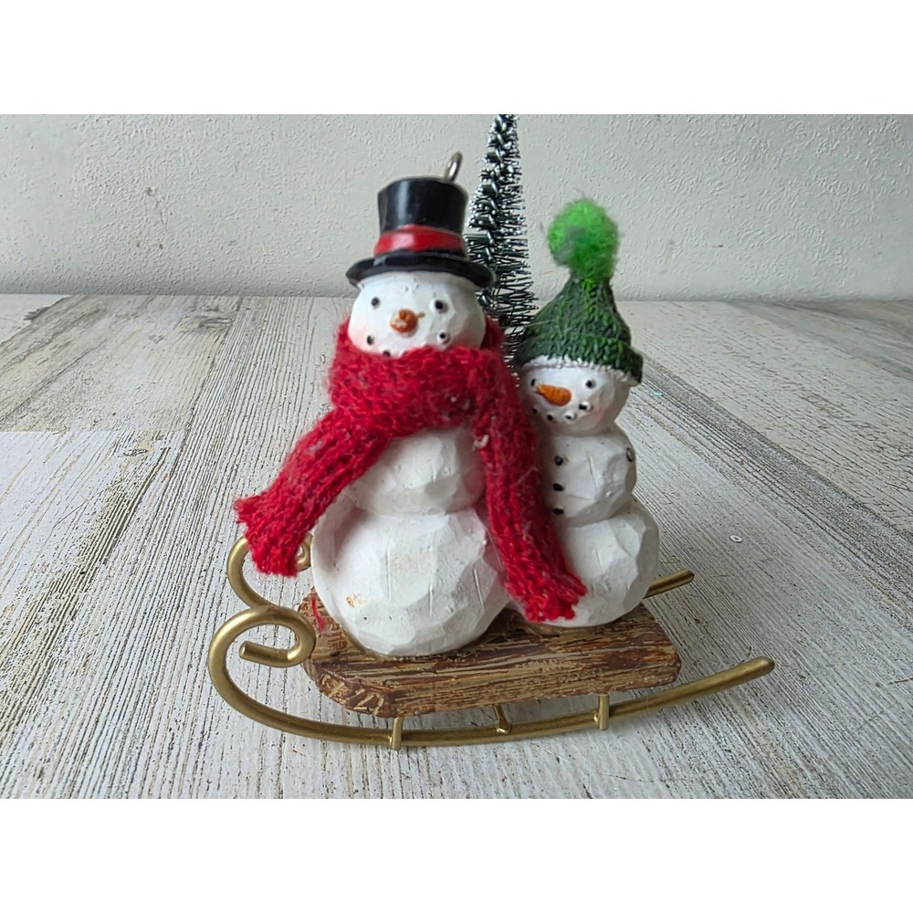Vintage sled snowman‎ ornament shabby chic tree Xmas As Is